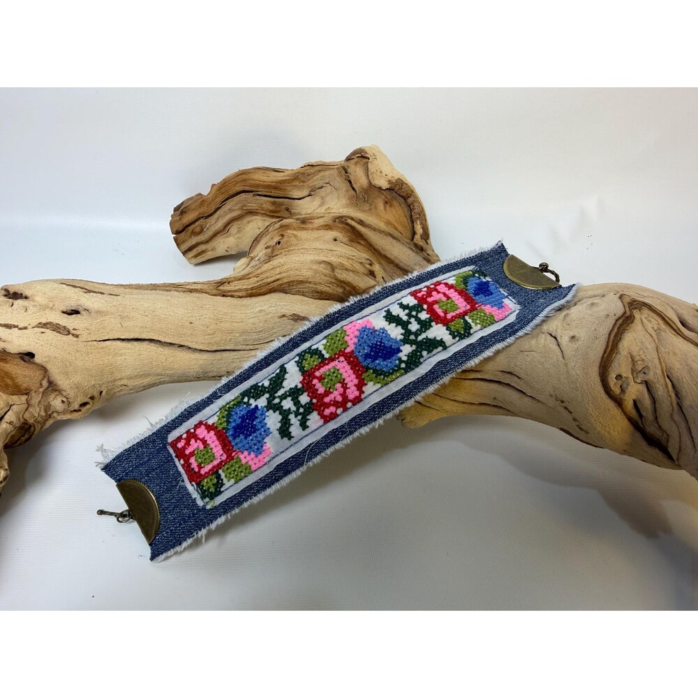 Handmade Denim Cuff Bracelet, Cross Stitch Floral , Colorful Folk Art Jewelry,
